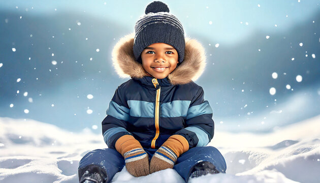 Cheerful African American boy sitting on snow in winter clothes with gloves; winter vacation. Copy space.