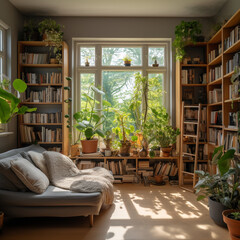Fototapeta na wymiar bookcase in a living room with lots of plants