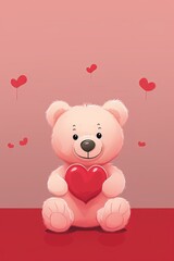 A drawing of an adorable teddy bear against a simplified Valentines themed backdrop AI generated illustration