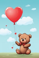 A drawing of an adorable teddy bear against a simplified Valentines themed backdrop AI generated illustration