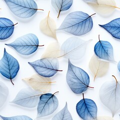 Ethereal blue foliage skeleton seamless pattern with translucent texture on clean white background