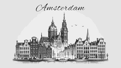 Amsterdam Skyline Panorama - Vektor-Illustration - obrazy, fototapety, plakaty