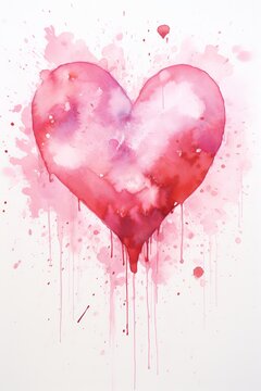 A gentle watercolor splash in pink tones as the backdrop for a large valentine red heart AI generated illustration