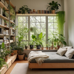 bookcase in a living room with lots of plants