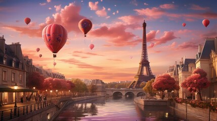 A scene of Paris with the Eiffel tower and heart balloons AI generated illustration - obrazy, fototapety, plakaty