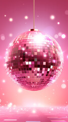 rosa pink Discokugel mit Lichtern und Lichteffekten und mit Platz f&uuml;r Text. Hochkant. Hochformat. Generative Ai.