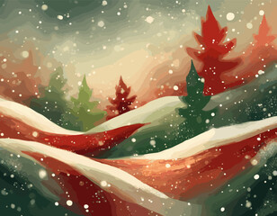 Cozy winter warmth in an abstract Christmas background, blending warm cinnamon reds, snowy whites, and festive greenery.