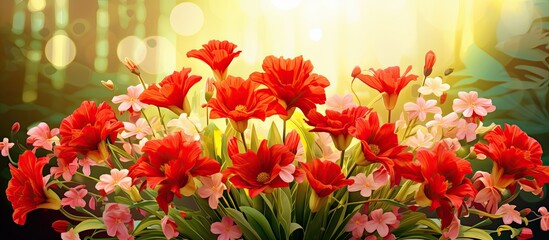 In the background of a vibrant garden, a bouquet of fresh red flowers bloomed, ready for a happy birthday celebration. The morning sun illuminated the blooming blooms as a bunch of best wishes adorned