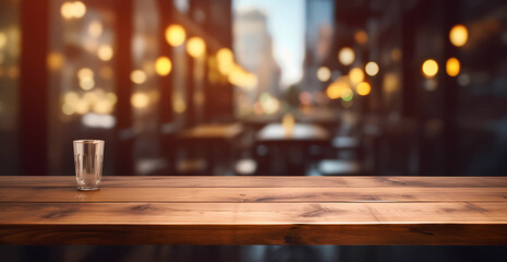 Empty wooden bar table in the restaurant
