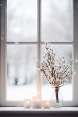 A snowy window pane with minimalist Christmas decorations AI generated illustration