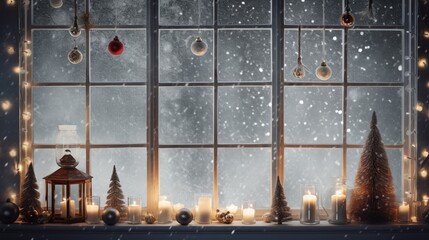 Naklejka premium A snowy window pane with minimalist Christmas decorations AI generated illustration