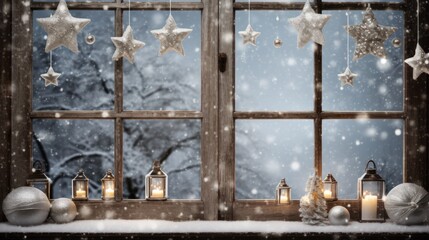 A snowy window pane with minimalist Christmas decorations AI generated illustration