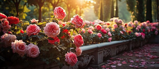 Obraz premium In the morning light of a summer day, nature came alive with vibrant hues of green foliage and colorful floral displays of roses, pink petals dancing in the breeze, as the vibrant red blooms added a