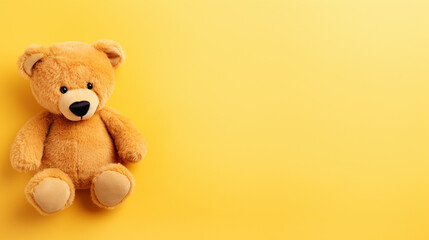 Teddy bear on yellow minimalist background. Space for title. Innovative AI.