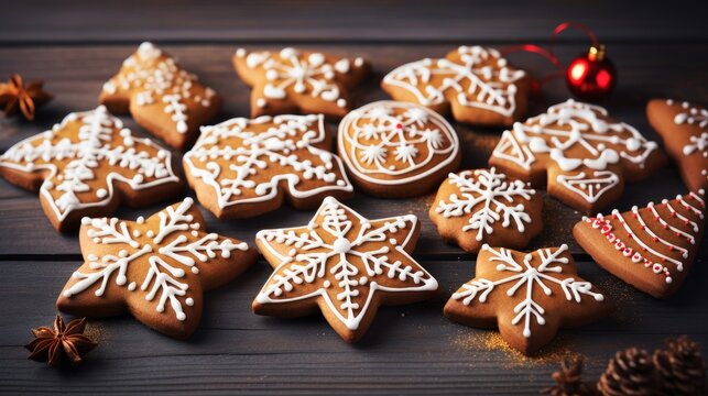 Charming iced cookies in the shapes of Christmas symbols AI generated illustration