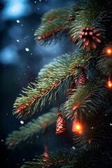 Close-up of a pine tree branch adorned with Christmas lights AI generated illustration