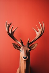 Close-up of a red-nosed wooden reindeer on a minimalist Christmas backdrop AI generated illustration