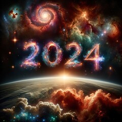 2024 in cosmic letters. A journey through space - obrazy, fototapety, plakaty