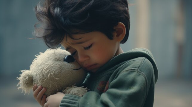illustration in high realism, child hugging a stuffed animal generative ai