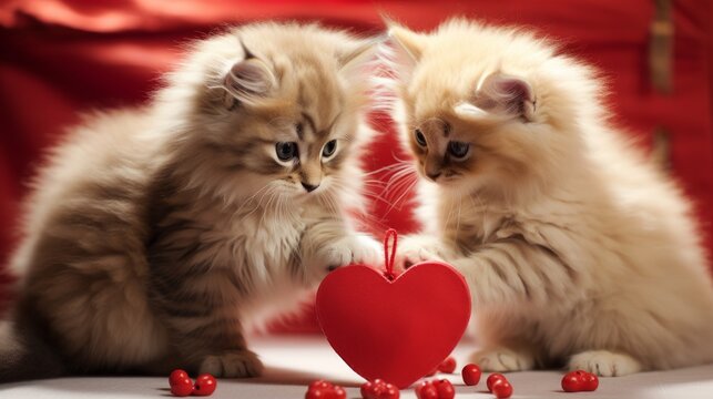 Cute kittens playing with a heart-shaped toy AI generated illustration