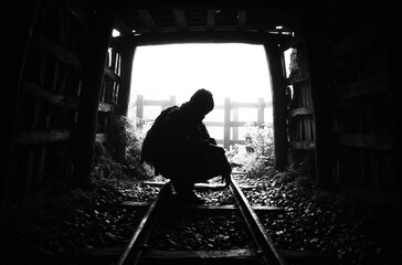 Silueta de una persona agachada en una mina abandonada