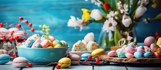 background of the vibrant, spring-inspired table, adorned with colorful decorations and a blue tablecloth, sits a wooden plate filled with festive Easter candy, adding a touch of celebration and