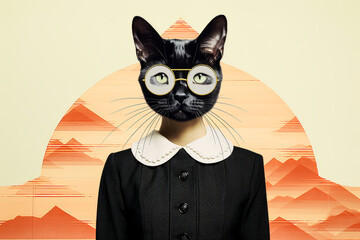 Chat noir hipster avec paire de lunettes, portait de femme sur fond géométrique.