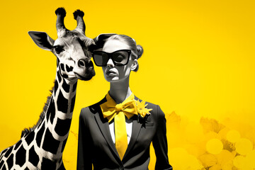 Portrait tendance et décalé d'une girafe et d'une femme en costume sur fond jaune.