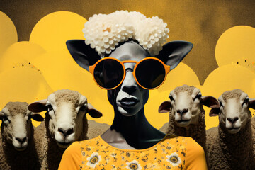Femme mouton avec lunette de soleil et groupe de mouton.
