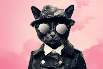 Portrait d'un chat hipster détective, costumé et portant un chapeau, sur fond rose.