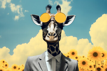 Girafe hipster avec des lunettes, portrait sur fond nuages.