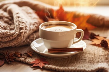Cozy Autumn Vibes: Steaming Pumpkin Spice Latte with Warm Blanket and Fall Leaves