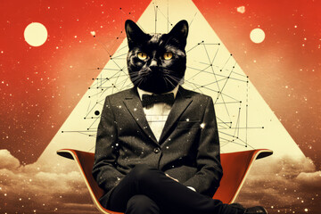 Portrait chat hipster assis sur fond de décor graphique en arrière-plan.
