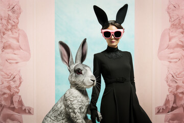Portrait femme portant des oreilles de lapin et des lunettes à côté d'un lapin.