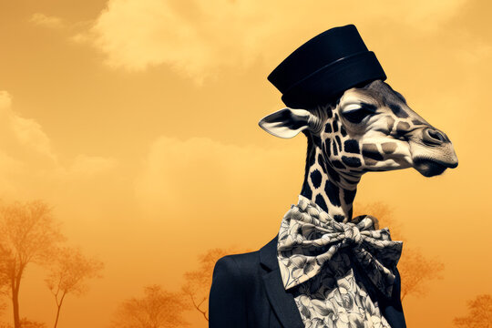 Girafe hipster en costume, avec chapeau et noeud papillon sur fond jaune. 