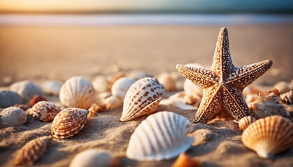 Fototapeta na wymiar Starfish and Seashells on a Sandy Beach
