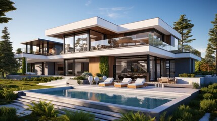 Fototapeta premium 3d rendering of modern house by the river at morning, house, luxury, villa, modern, architecture, building, exterior, residential, property, designer