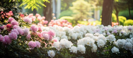 In the summer, amidst the vibrant colors of blooming flowers and lush green leaves, one cannot help but be mesmerized by the natural beauty of a garden adorned with white, pink, and colorful floral