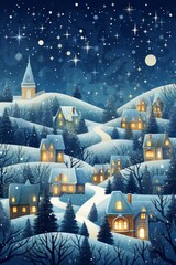 Illustration of a festive Christmas village with snowflakes AI generated illustration