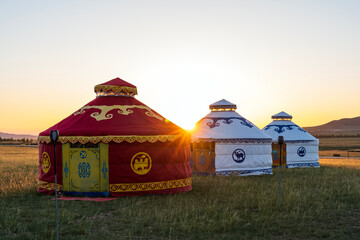 Yurts in the grassland, yurts in the morning - obrazy, fototapety, plakaty