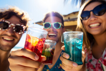 friends toasting with cocktails together. young fun loving people saying cheers with colorful cocktails outdoors. selective focus on glasses