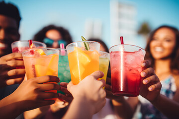 colorful cocktails in hands. group of young friends on holiday toasting with cocktails outdoors