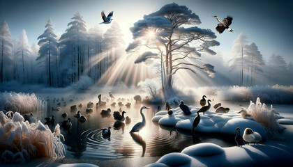 Winter Wonderland: A Winter Scene Swans, Ducks, and a Frozen Pond, showcasing Winter Wildlife