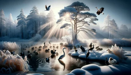 Keuken spatwand met foto Winter Wonderland: A Winter Scene Swans, Ducks, and a Frozen Pond, showcasing Winter Wildlife © SeasonalStories365