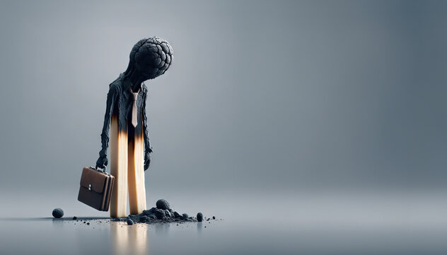 Burnout concept at work. Surreal image of a man in the shape of a burnt match standing against a gray background. The worker holds a briefcase, emphasizing the business context of the image