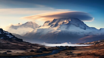 Ethereal lenticular clouds hovering over mountain peaks
