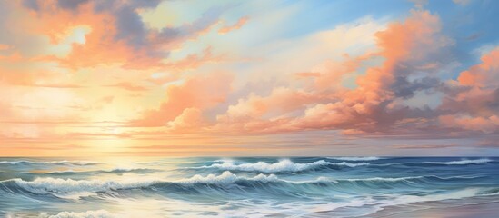 As the sun sets on the tranquil beach, the sky becomes a mesmerizing blend of blue and orange hues, creating a breathtaking backdrop against the calm water and fluffy white clouds, painting a stunning