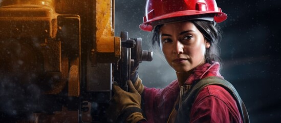 A young woman working in the construction business as a worker, diligently operates a powerful drilling machine while wearing a safety helmet, ensuring her own safety and efficiency as she repairs and