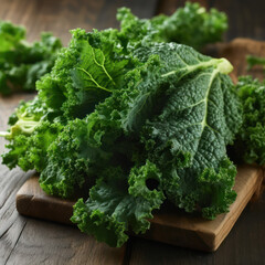  A bunch of dark green kale leaves spread on 
