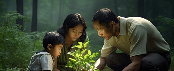 Asian Family Exploring Together In A Forest Background Generative AI - obrazy, fototapety, plakaty